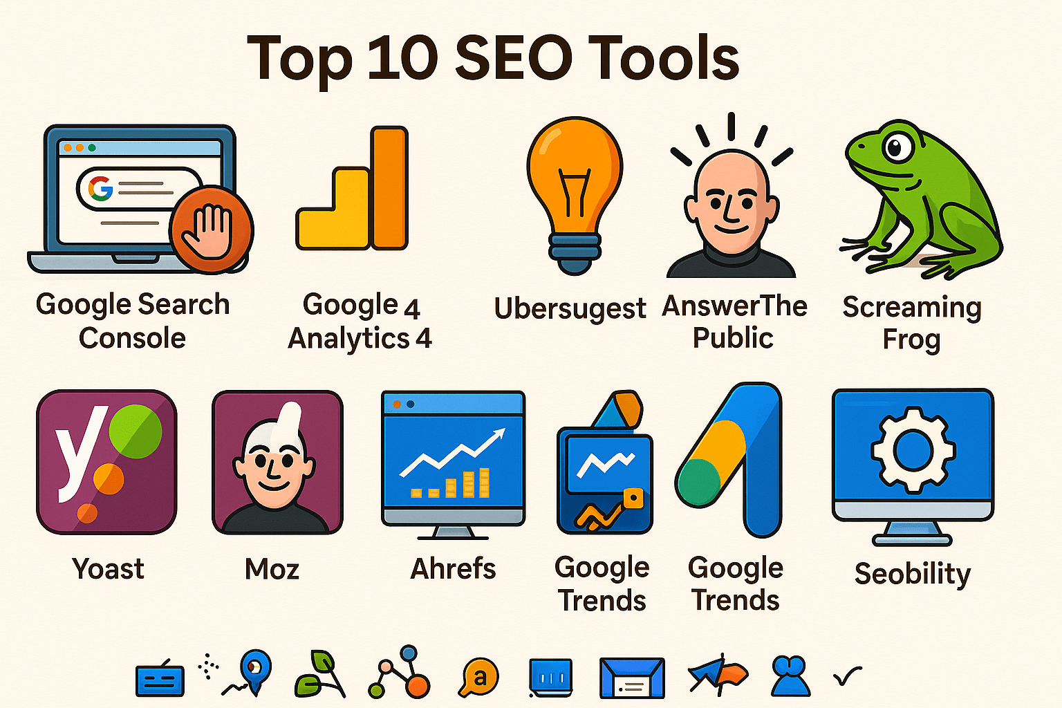 Colorful collage of 10 SEO tool logos